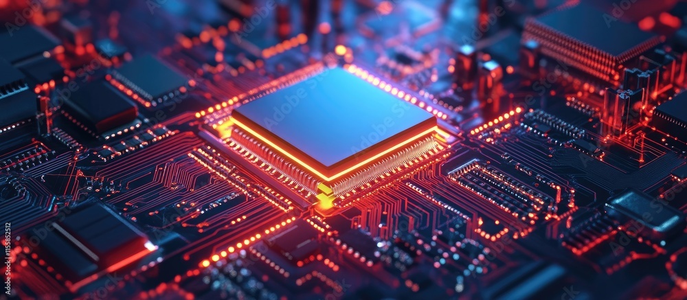Poster futuristic digital circuit board with microchips and illuminated paths ideal for technology related 