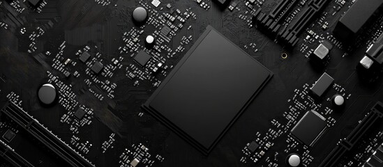 Macro Shot of Black CPU Processor on Motherboard with Blank Area for Text Placement in Technology and Electronics Context