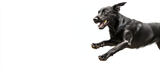 Fototapeta premium Black dog sprinting joyfully through vibrant yellow flower field with ample copyspace for adding personalized text or messages