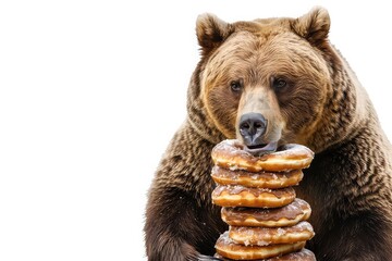 Fototapeta premium A cute bear eating a stack of donuts white background