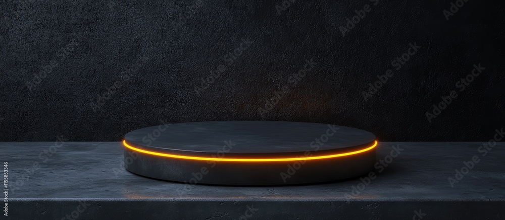 Poster black concrete backdrop with illuminated circular platform and ample copyspace for text or product d