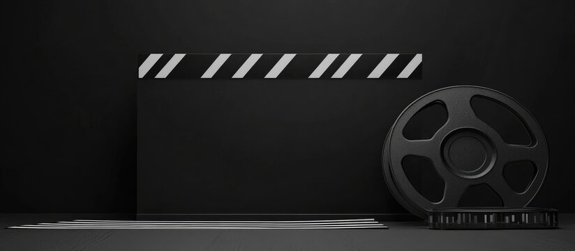 Black film clapperboard and film reel against dark background with empty space for text promoting filmmaking or cinematography concepts