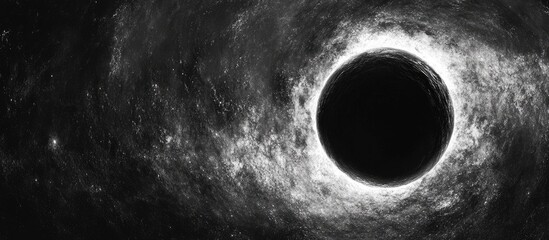 Black hole event horizon swirling in cosmic darkness with negative space for text and illustrative stellar background
