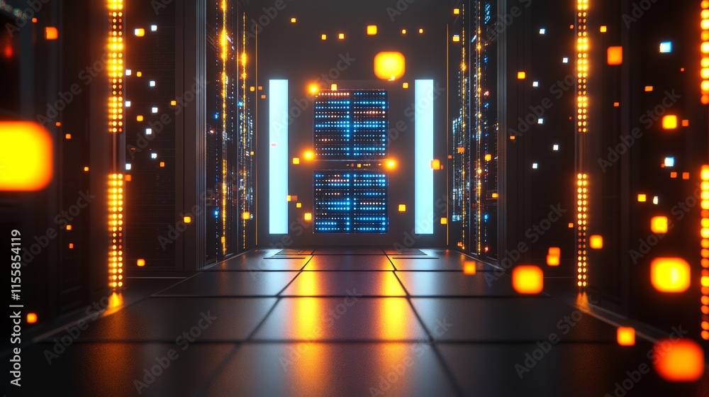 Poster a close-up view of a corridor within a working data center, densely packed with server racks and sup