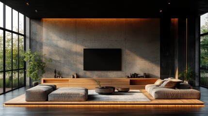 Modern minimalist living room with concrete wall, wooden platform, and large TV.