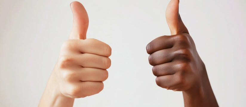 Diverse business team displaying thumbs up gesture in an office setting with ample space for text and branding opportunities