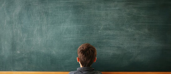 Schoolboy Focused on Learning in Classroom with Empty Chalkboard Space for Educational Content or Text Message