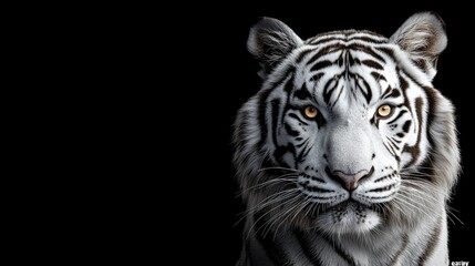 Fototapeta premium Majestic Close-Up of a White Tiger Against a Black Background with Space for Text or Graphics