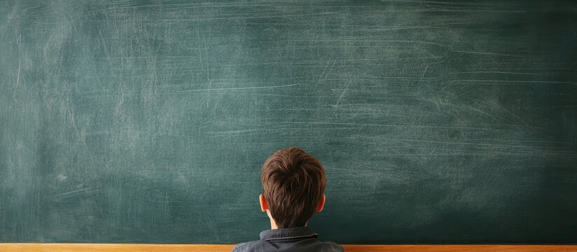 Schoolboy Focused on Learning in Classroom with Empty Chalkboard Space for Educational Content or Text Message
