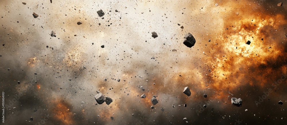 Poster abstract explosion debris floating on a hard surface with empty copy space for text and design eleme