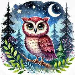 Obraz premium Colorful owl perched on a branch under a starry night sky near a forested area with moonlight and foliage