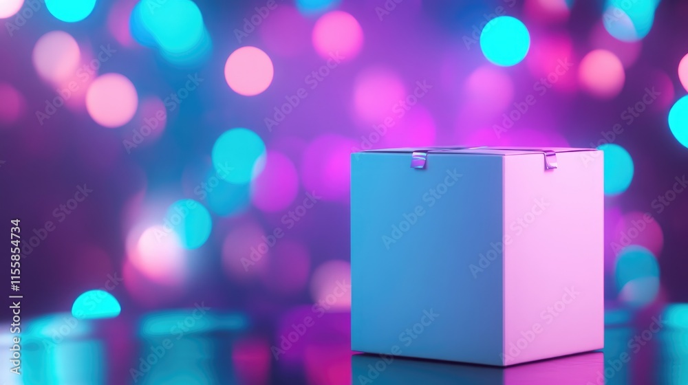Poster blank white package illuminated by vibrant neon lights with a colorful bokeh background and ample em