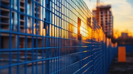 Blue construction fence with modern building backdrop during sunset creating an empty space for text and promoting urban development themes