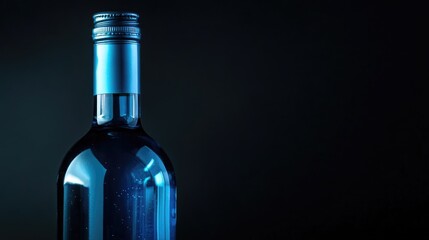 Close up of a glass bottle with blue label and empty space for text against a dark background for product branding and advertising purposes