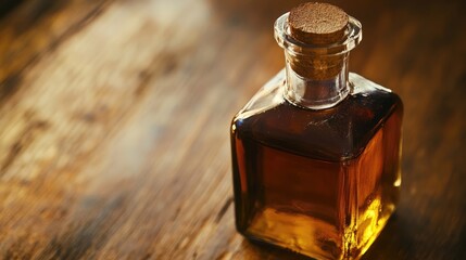 Vintage bottle with golden liquid on wooden surface creating a warm nostalgic ambiance and empty space for text or branding purposes