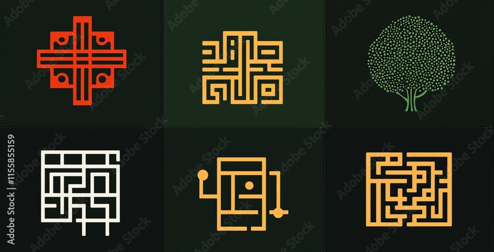 Poster concept of an abstract set of dots and lines forming brain logotypes. suitable for a logo representi