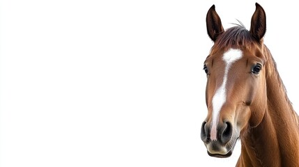 Close up of a brown horse's face looking at the camera with ample empty space for text and design elements on a white background
