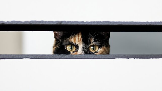 Close up of a tortoiseshell cat's face peeking through an iron barrier with green eyes and visible black and orange fur pattern.