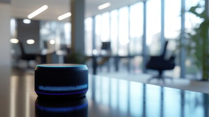 Close up of a smart voice assistant device in a modern office setting with empty space for text or branding on a polished table surface