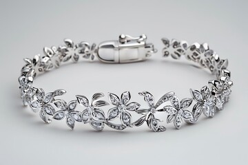 A delicate diamond-encrusted silver bracelet with a floral motif, displayed on a light grey background.