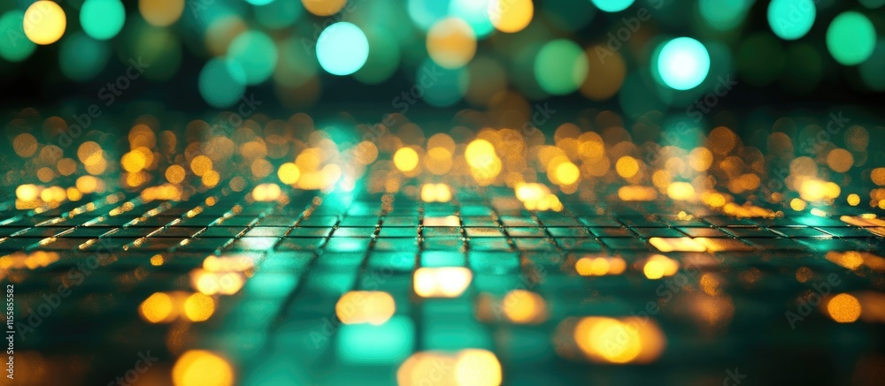 Poster abstract disco backdrop with shimmering green and gold lights bokeh effect creating depth and vibran