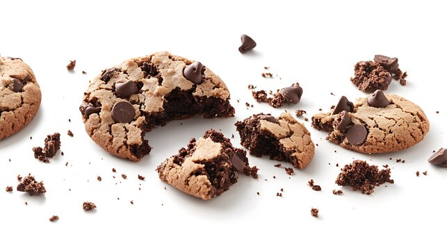 Generate a clean, isolated image of choco chip cookies with a broken piece and crumbs, as well as a sweet chocolate biscuit pastry