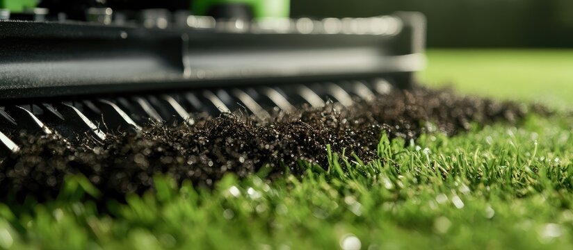 Close up of a scarifier machine rejuvenating a vibrant green lawn with neatly cut grass and space for promotional text