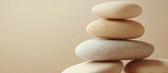 Smooth stacked beige stones on a neutral background representing modern design textures with ample space for text or branding elements