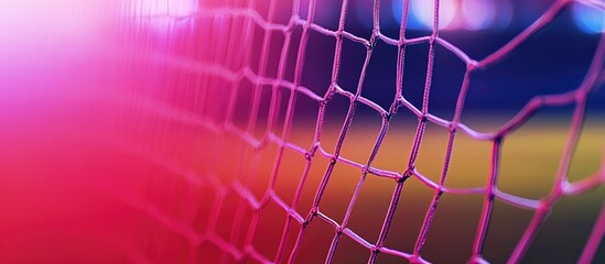 Close up of a soccer goal net with a blurred field background creating space for text and enhancing the sport's atmosphere and energy