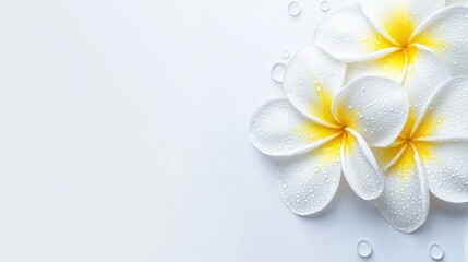 Frangipani flowers with water droplets on a light background highlighting delicate details and empty space for customizable text or design