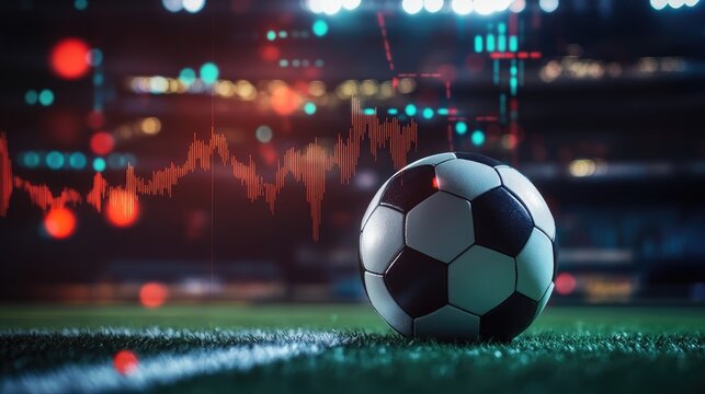 Soccer ball with stock market graph overlay in stadium at night illustrating cryptocurrency and AI impact on sports finance