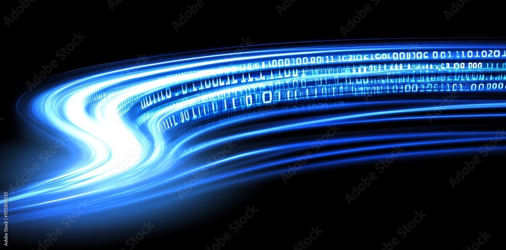 Poster big data technology and data science with a person interacting with data flowing on a virtual screen