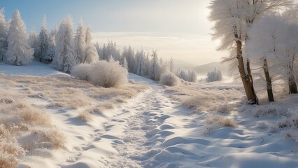): A snow-covered path leads through a quiet, untouched fore