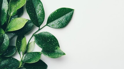 Fresh green leaves with droplets on a light background creating an ideal space for showcasing text or product information.