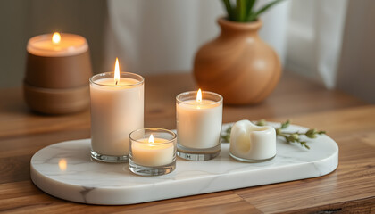 Aromatic candles on a natural marble tray, mindfulness theme. isolated with white shades