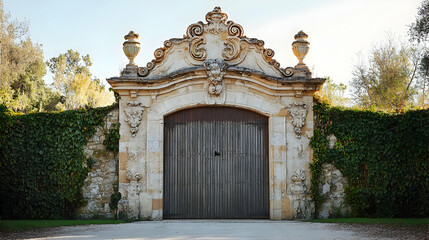 Decorative stone archway with a closed wooden gate and ivy vines climbing the frame