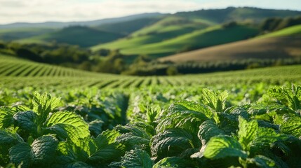 Fresh mint leaves in foreground with lush green hills and fields creating a serene backdrop ideal for agricultural or wellness themes.