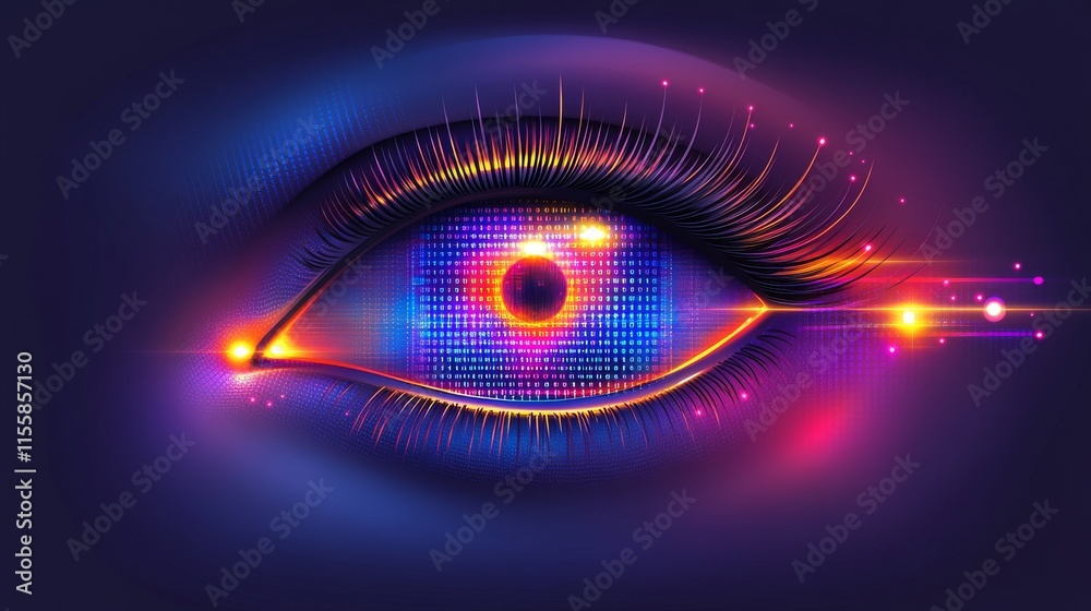 Poster human multicolored iris animation concept with rainbow lines scattering from a bright binary circle 