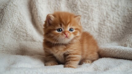 Adorable red Russian kitten portrait on soft blanket with empty space for text in cozy warm setting high quality image suitable for various purposes