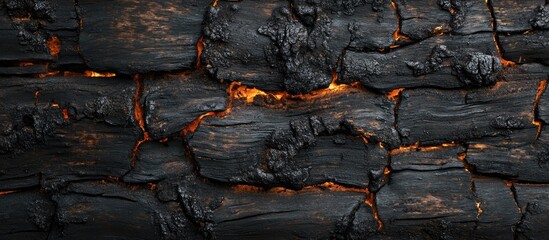 Close up of charred wood texture revealing glowing embers perfect for backgrounds or grill-themed designs with ample space for text