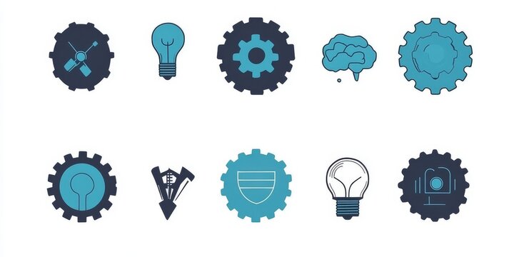Modern AI stock blue line icon set featuring cybernetic elements, machine learning, robotics, AI problem-solving, algorithms, and AI technology, 256x256 pixels, perfect icon design with clean,