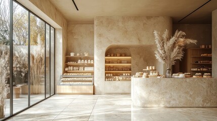 Modern bakery interior with large windows, shelves, and display case showcasing pastries and goods.