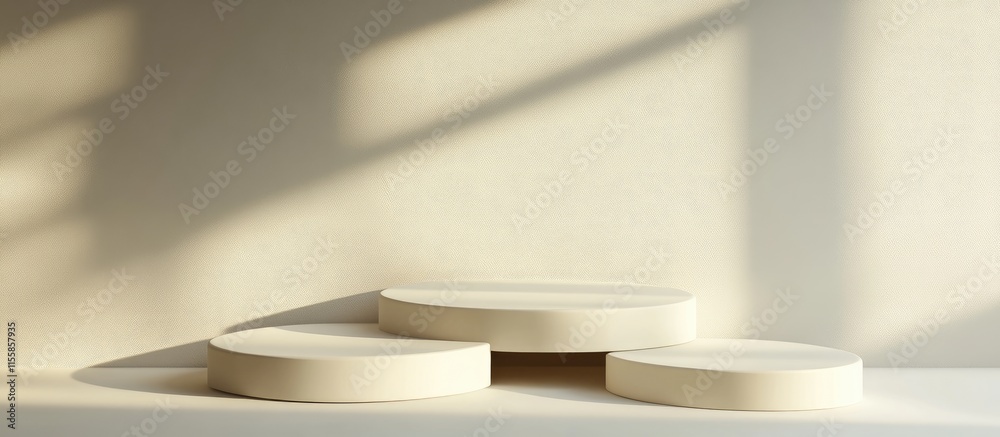 Poster abstract ecru background with soft shadows and circular display stands for product presentation and 