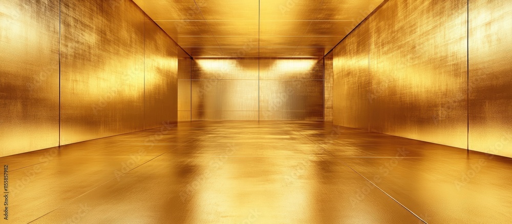 Poster abstract golden room with metallic surfaces and spacious empty area for text or design elements in a