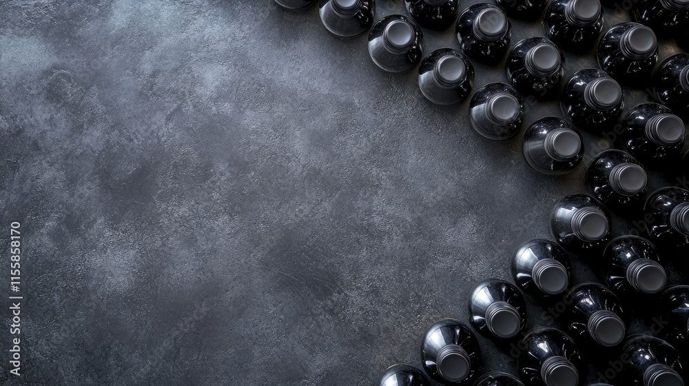 Poster aerial view of black wine bottles on rack with dark gray textured surface and empty space for custom