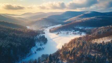 Obraz premium Aerial View of Snowy Mountain Landscape with Clear Space for Text and Nature's Serenity
