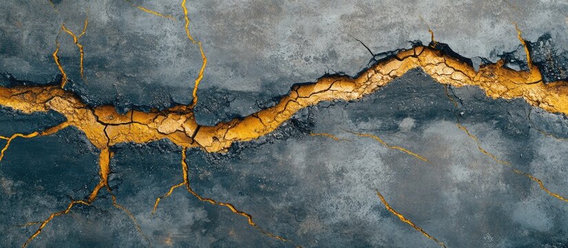 Aerial View of Cracked Earth and Dry Riverbed Featuring Golden Stripes Ideal for Nature and Climate Change Themes