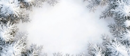 Aerial view of a serene snowy evergreen forest in winter featuring blank space for creative text overlay and design ideas