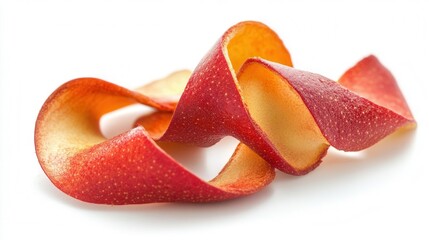 fresh red apple peel spiral isolated on pure white background, healthy fruit skin with natural texture and vibrant color