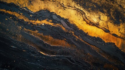 Aerial view of textured asphalt with golden highlights showcasing unique patterns and colors for travel and transport themes